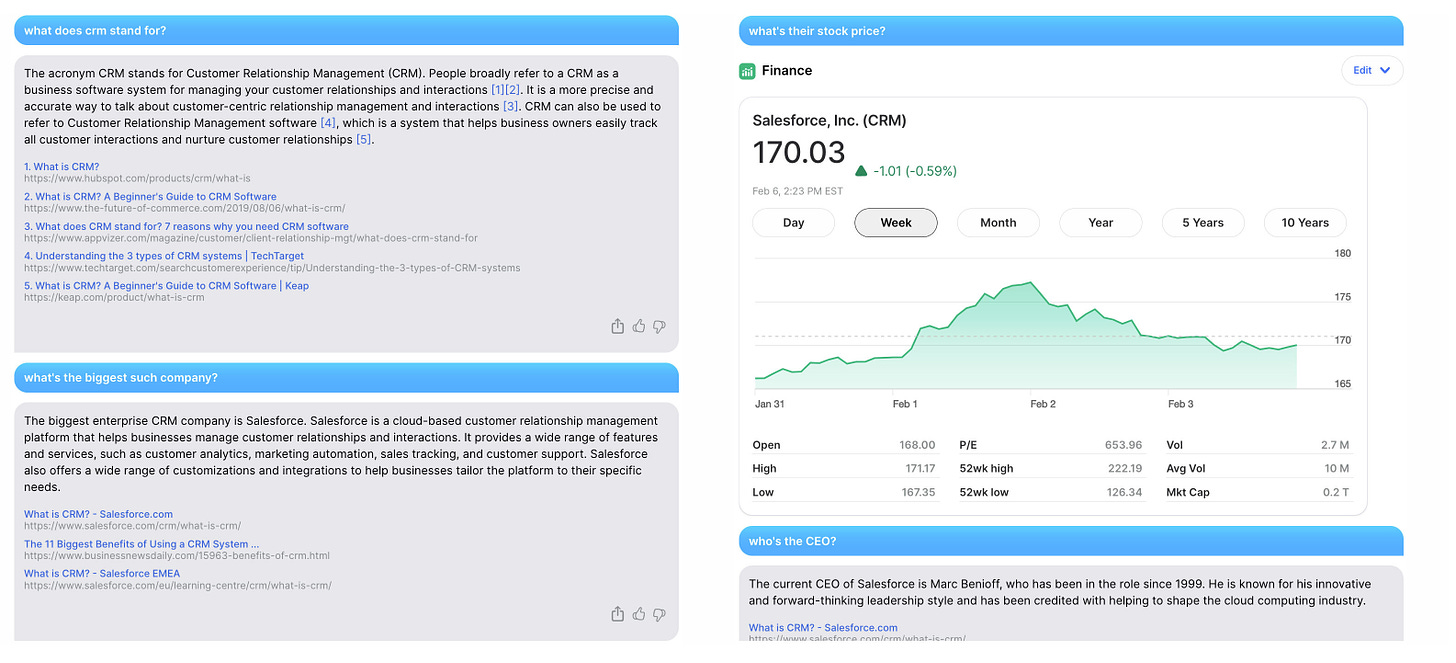 You.com search involving CRM vendors, displaying a stock chart as part of the results.