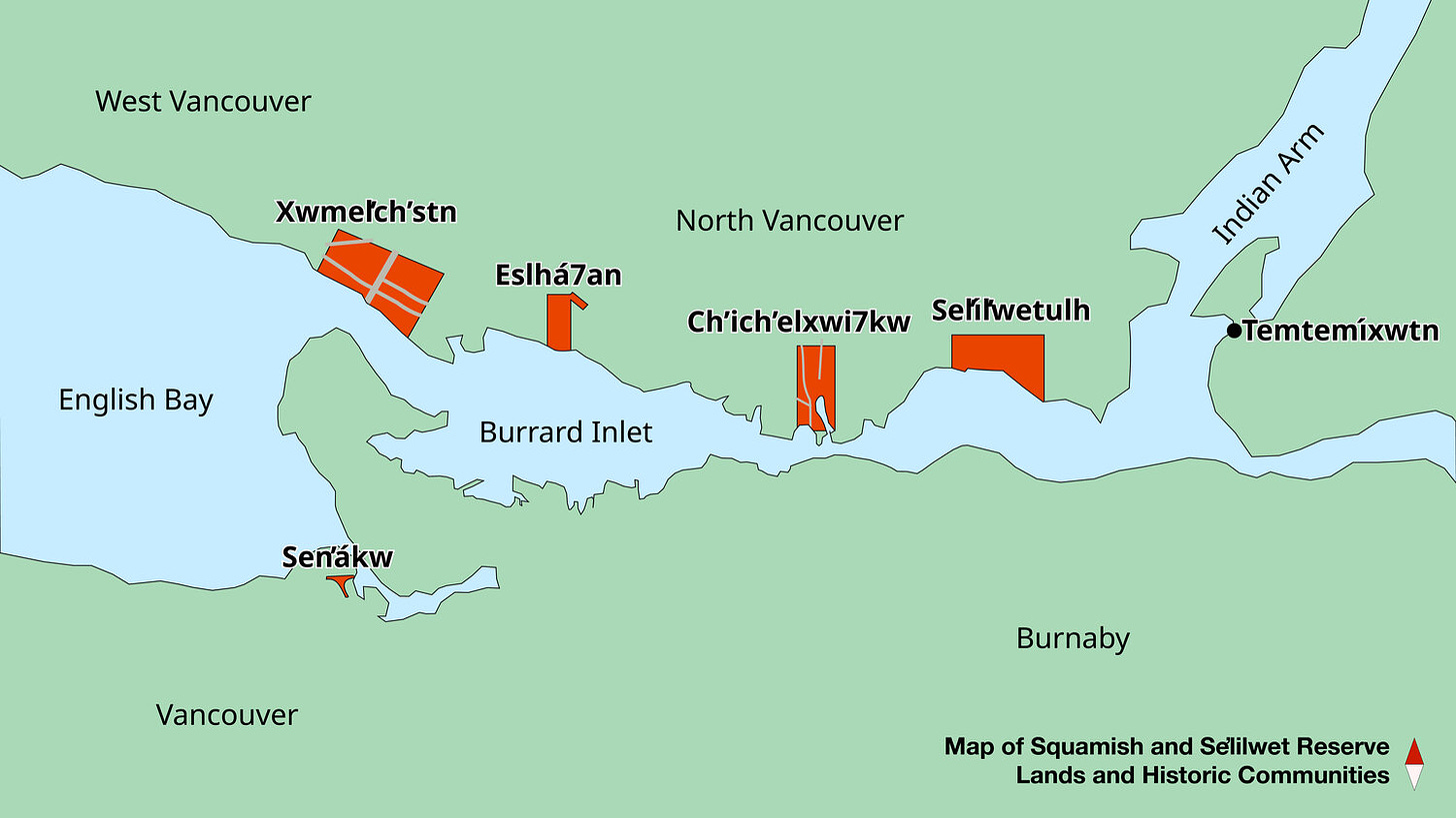 Image: Showing the present-day Squamish’s reserve lands for Sen̓áḵw, Xwmel̓ch’stn, Eslhá7an, and Ch’ich’elx̱wi7ḵw. Sel̓il̓wetulh’s reserve lands on the far right in red area.