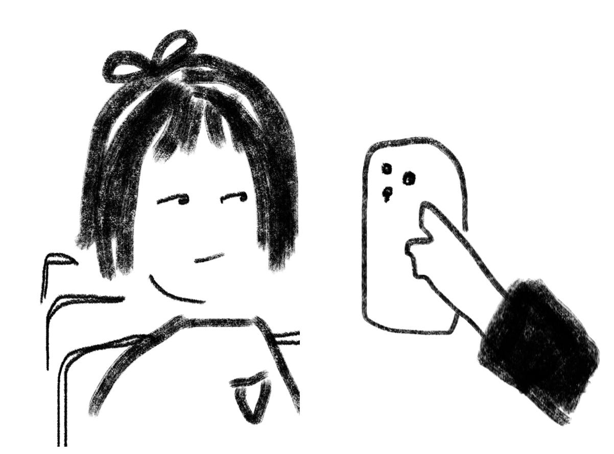 Sketch of a girl on a bus wearing a bow and looking at a photo of herself