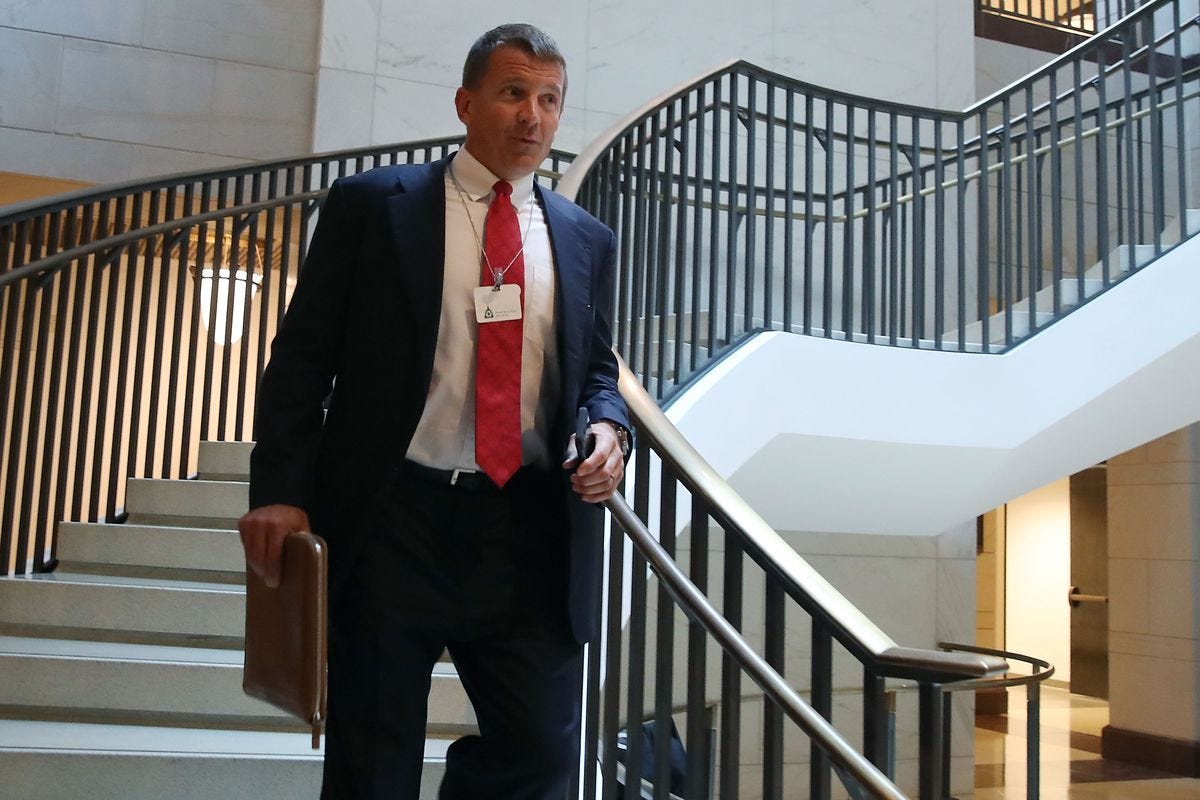 Erik Prince arrives to testify to the House Intelligence Committee last year. He met a Russian fund manager in the Seychelles in January 2017.
