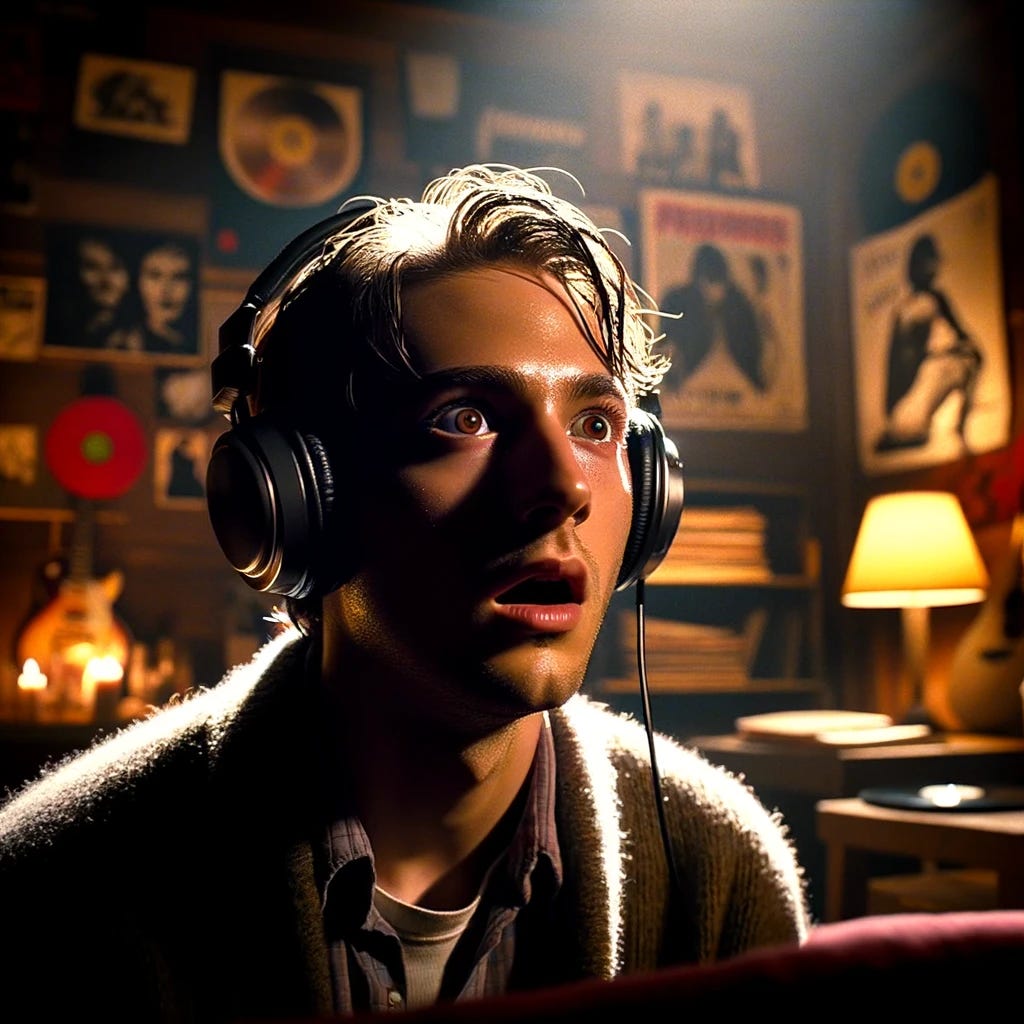 A scene capturing the moment of surprise and realization on a regular person's face as they listen to music through headphones. They are sitting in a cozy, dimly lit room filled with music-related decor such as vinyl records, a guitar in the corner, and posters of famous bands on the walls. The expression on their face is one of astonishment and enlightenment, as if they've just discovered something new in a song they've heard many times before. The lighting in the room highlights their face, drawing attention to their wide-eyed, open-mouthed reaction. This moment encapsulates the blend of confusion and wonder that comes with noticing a subtle detail in a familiar piece of music.