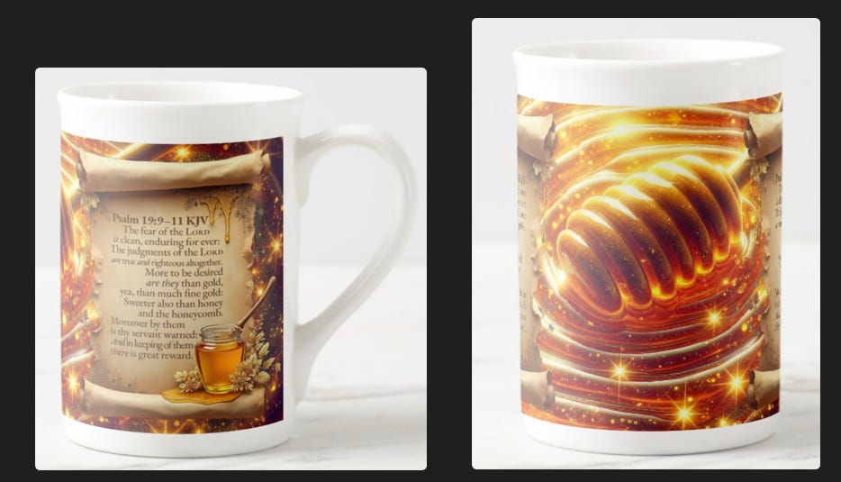 The image shows two white mugs with decorative designs. The first mug (left) displays Psalm 19:9-11 KJV on a scroll with golden accents, honey, and floral details, giving it a warm and ornate appearance. The second mug (right) features a large image of a honey dipper swirling in golden, glowing honey, surrounded by radiant light, emphasizing a rich and luxurious theme. Both designs combine elements of scripture and honey, symbolizing sweetness and value.