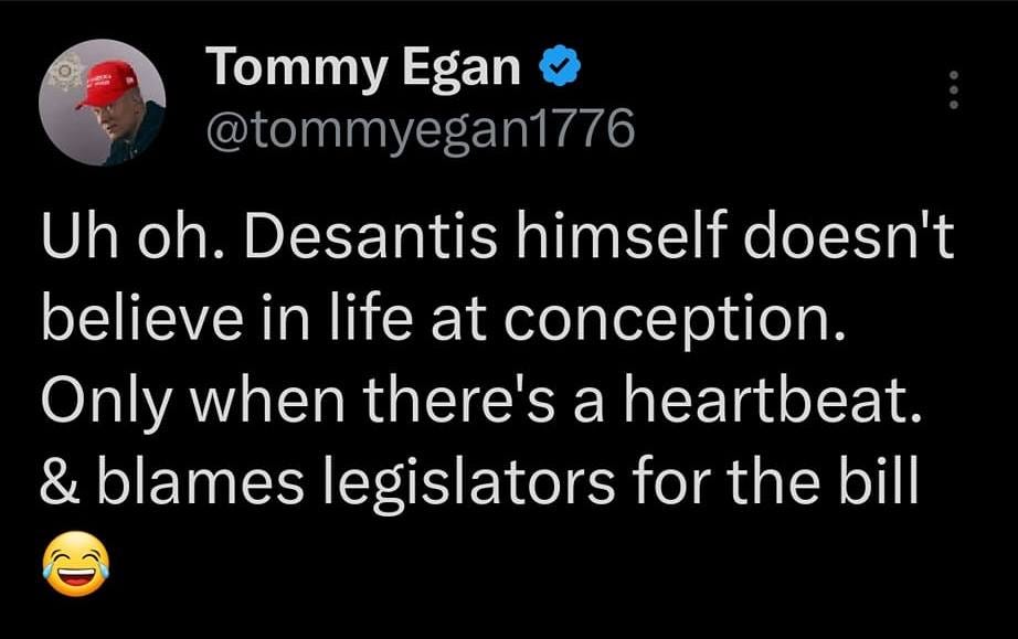 May be an image of text that says '12:22 MM 5G 20%_ Post Tommy Egan @tommyegan1776 an1776 Uh oh. Desantis himself doesn't believe in life at conception. Only when there's a heartbeat. & blames legislators for the bill What you got to say about this @LilaGraceRose? @JennaEllisEsq? @kayleighmcenany? By the way have video of my two year olds heartbeat at a little over 5 weeks after conception. SuzanneCitere Replyingto @fineout and @billmaher 14h Post your'
