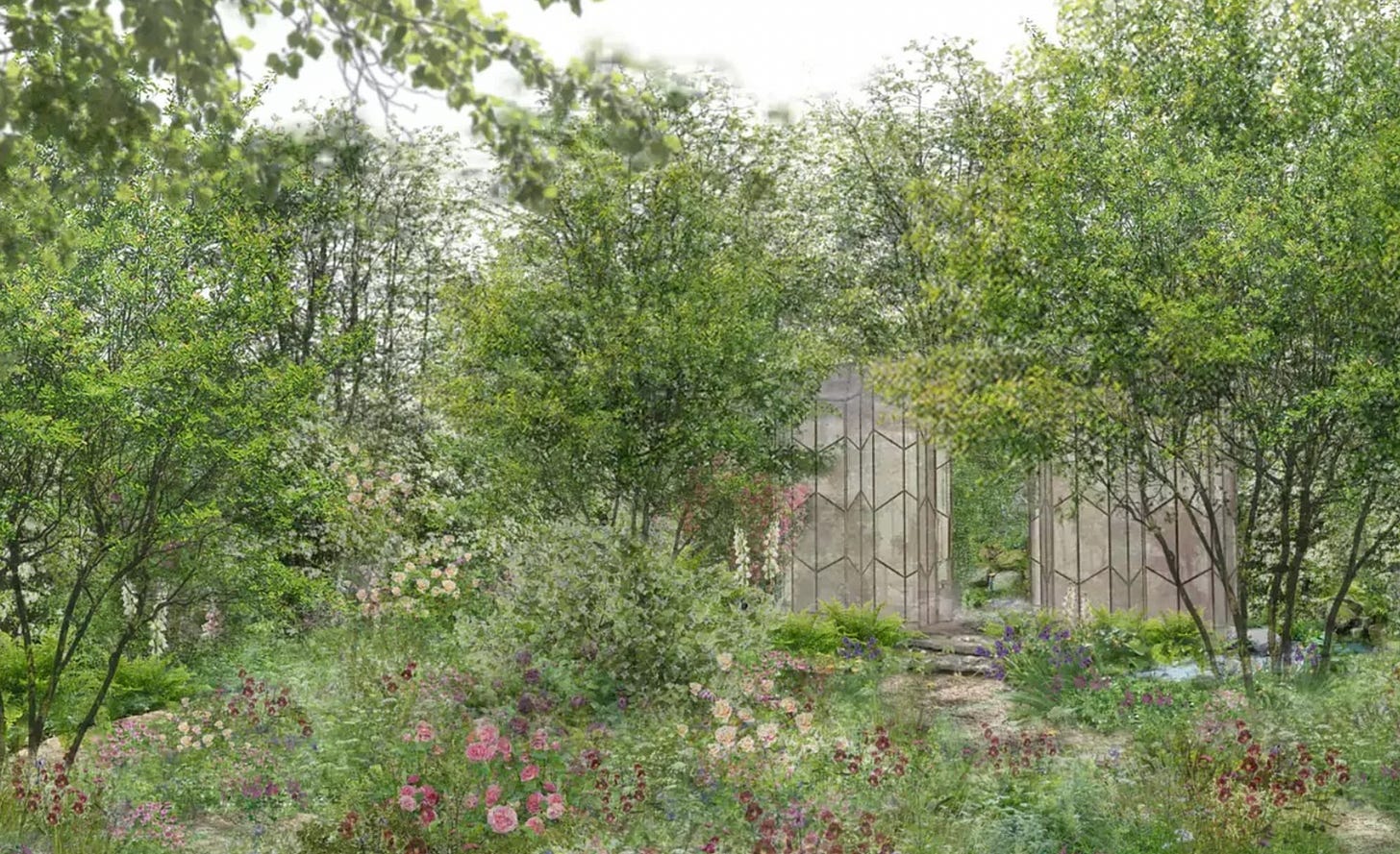 an illustration of a garden with a glass building, trees and roses