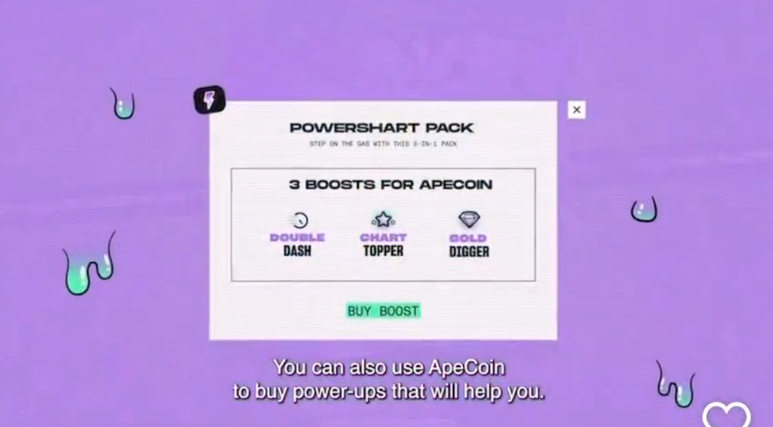 Screencap from the monkey poop game promo with the caption “You can also use ApeCoin to buy power-ups that will help you,” showing an interface titled “POWERSHART PACK.” 