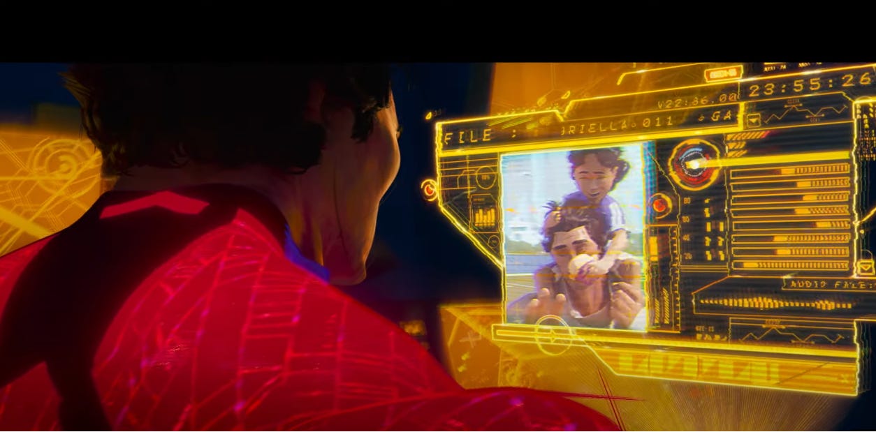 Miguel looks at a screen that shows a father-daughter moment from his life (Spiderman: Across the Spiderverse, 2023)