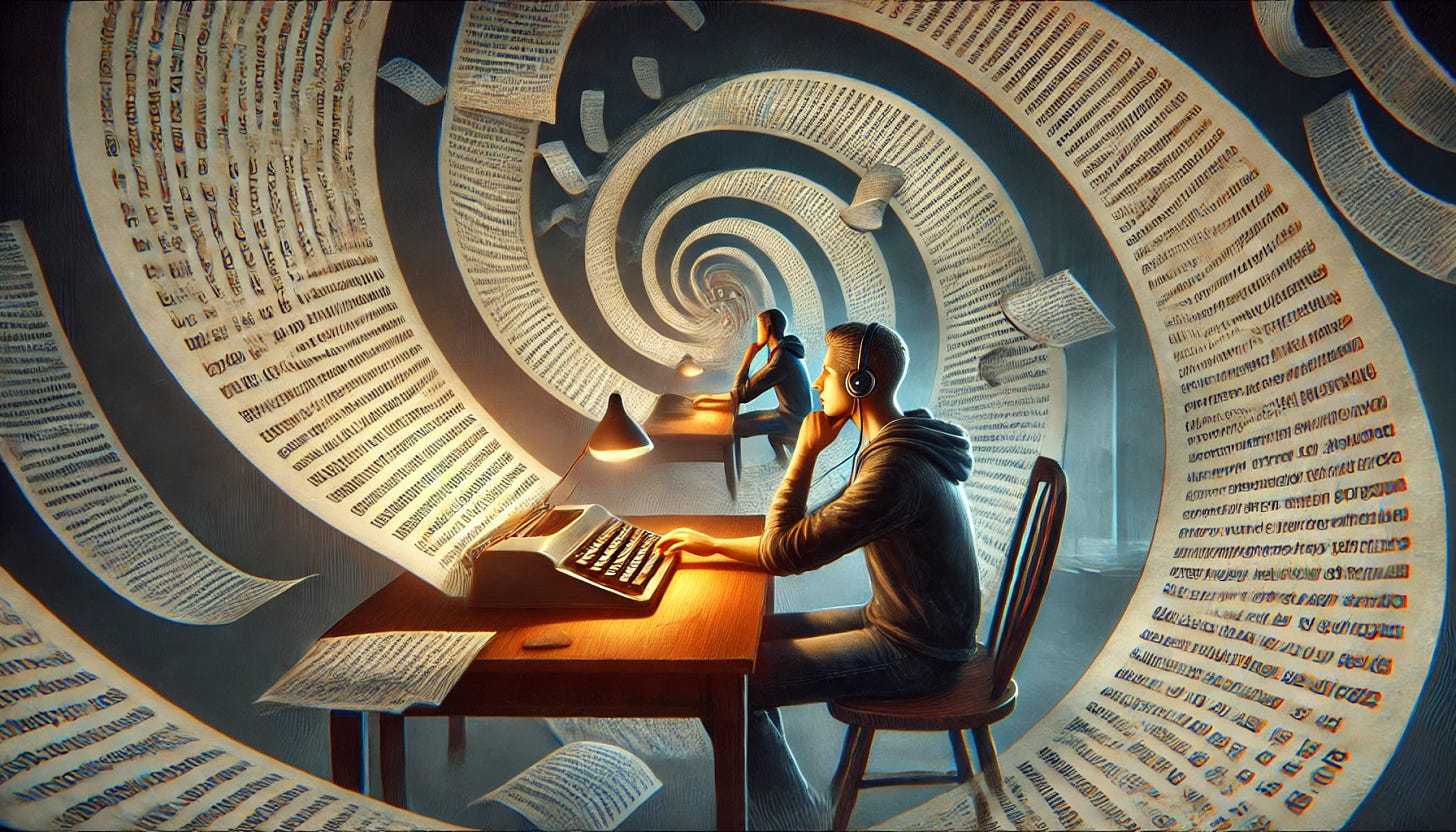 An abstract and surreal illustration of a writer sitting at a desk, typing on a laptop. The text on the screen mirrors the scene, showing the same writer at the desk, creating an infinite recursion effect. The room is filled with floating pages of text, some curling back on themselves, forming loops. The author has a thoughtful expression, seemingly lost in the self-referential nature of their own writing. The lighting is moody, with a warm glow from the laptop screen illuminating the writer's face.
