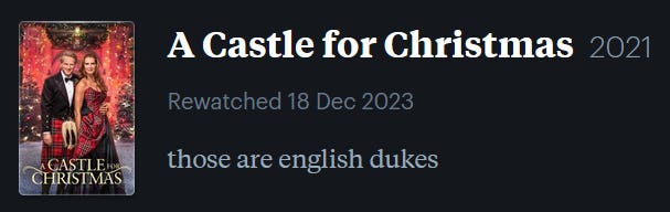 screenshot of LetterBoxd review of A Castle for Christmas, watched December 18, 2023: those are english dukes