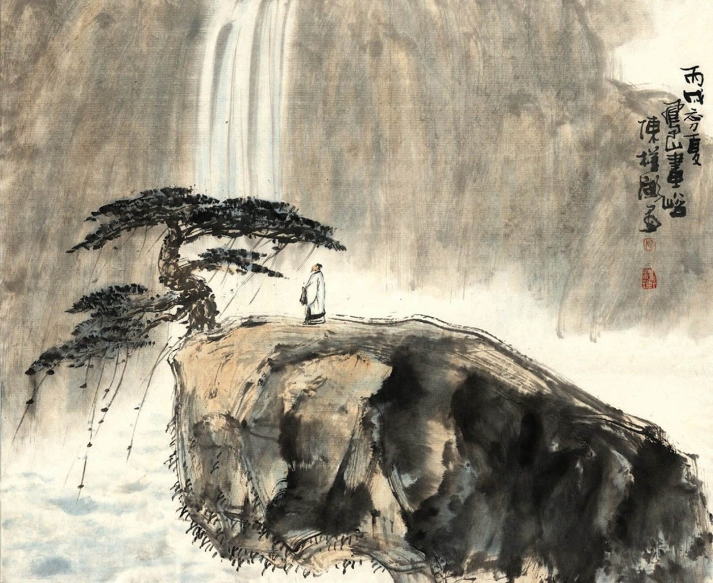 Zhuangzi in front of waterfalls