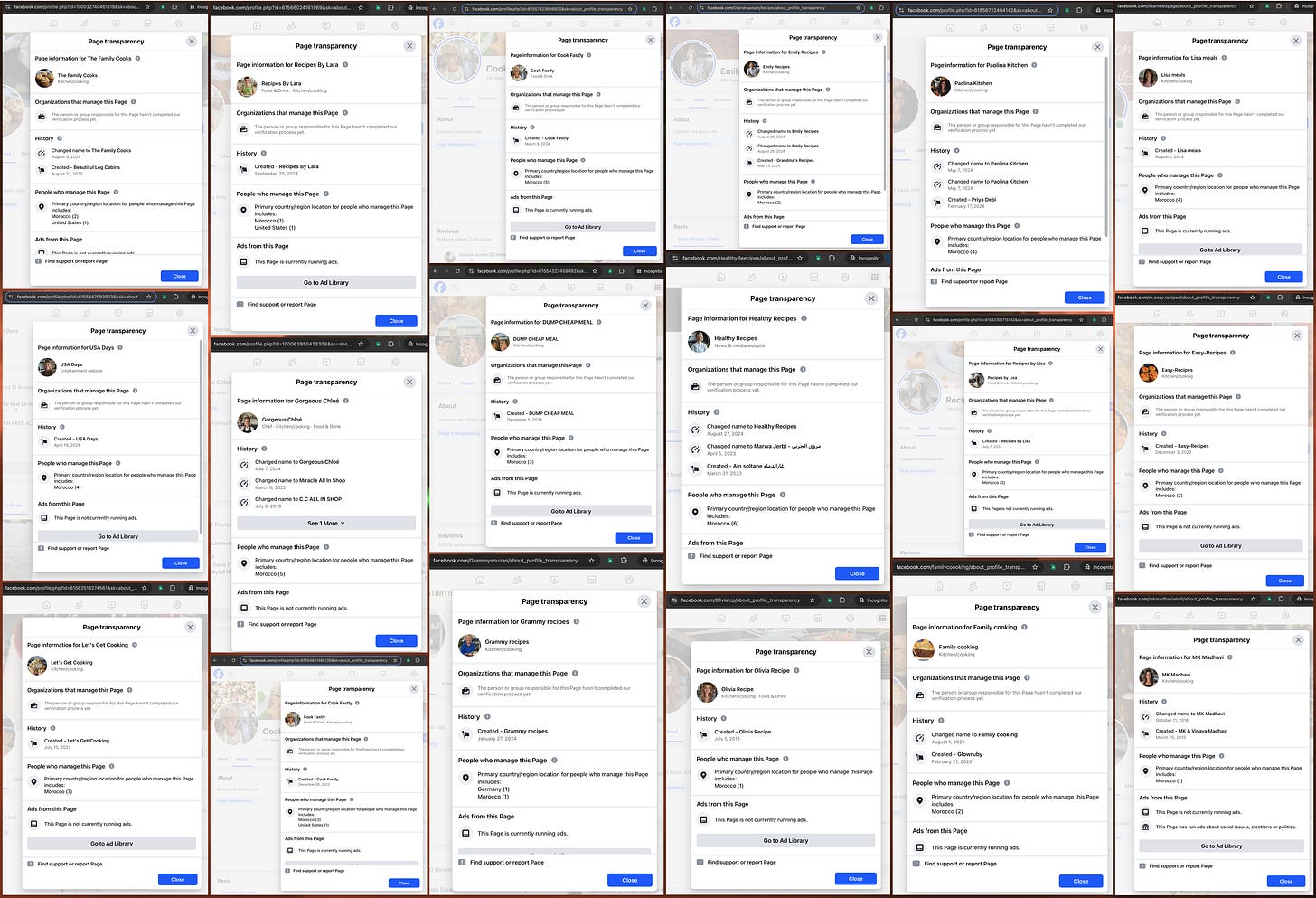 screenshots of Facebook page transparency info showing that the pages are run from Morocco