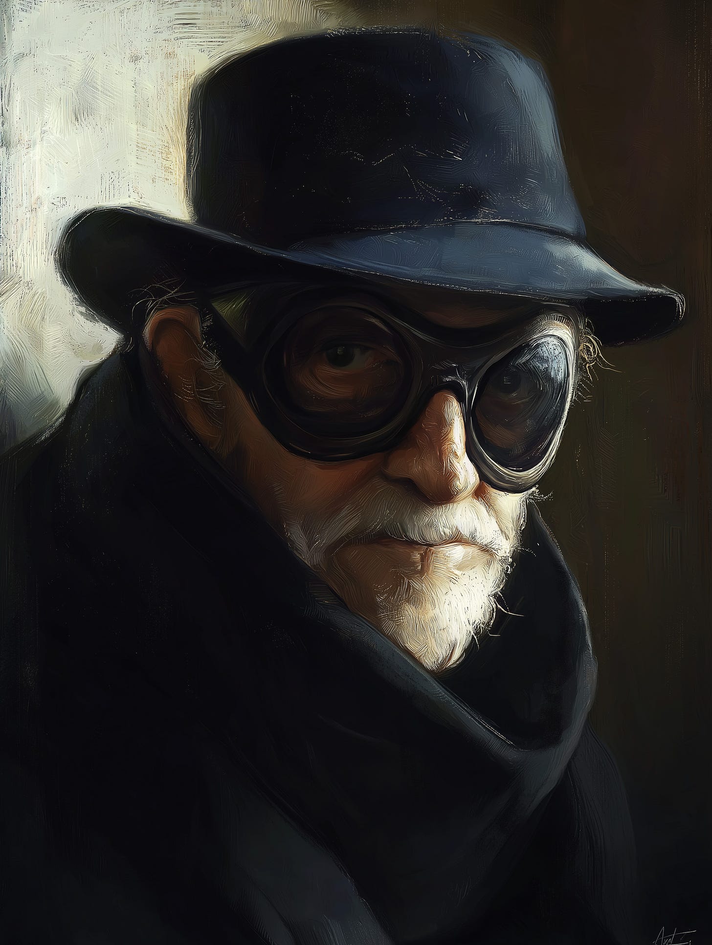 Title: "Portrait of the Old Autist in an Affable Mask" A close-up of an elderly man with a somber, enigmatic expression. He wears a black fedora and thick, round glasses with opaque lenses that dominate his face, obscuring his eyes. A neatly trimmed white beard and mustache frame his weathered, pale face, etched with deep lines suggesting a life of profound thought. Dressed in dark clothing blending into the shadowy background, dramatic lighting illuminates the left side of his face, creating a stark chiaroscuro effect. The realistic painting style has touches of impressionism, particularly in the textured background. The portrait evokes contemplation and hidden depths, resonating with autistic individuals who often feel compelled to wear a "mask" of neurotypical behavior, concealing their true selves behind a carefully constructed facade. Digital illustration by Johnny Profane. Digital tools include AI.