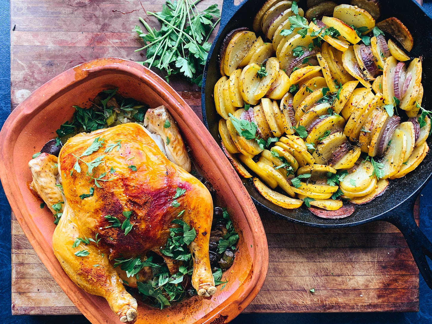 Tender claybaked chicken & potatoes boulangere