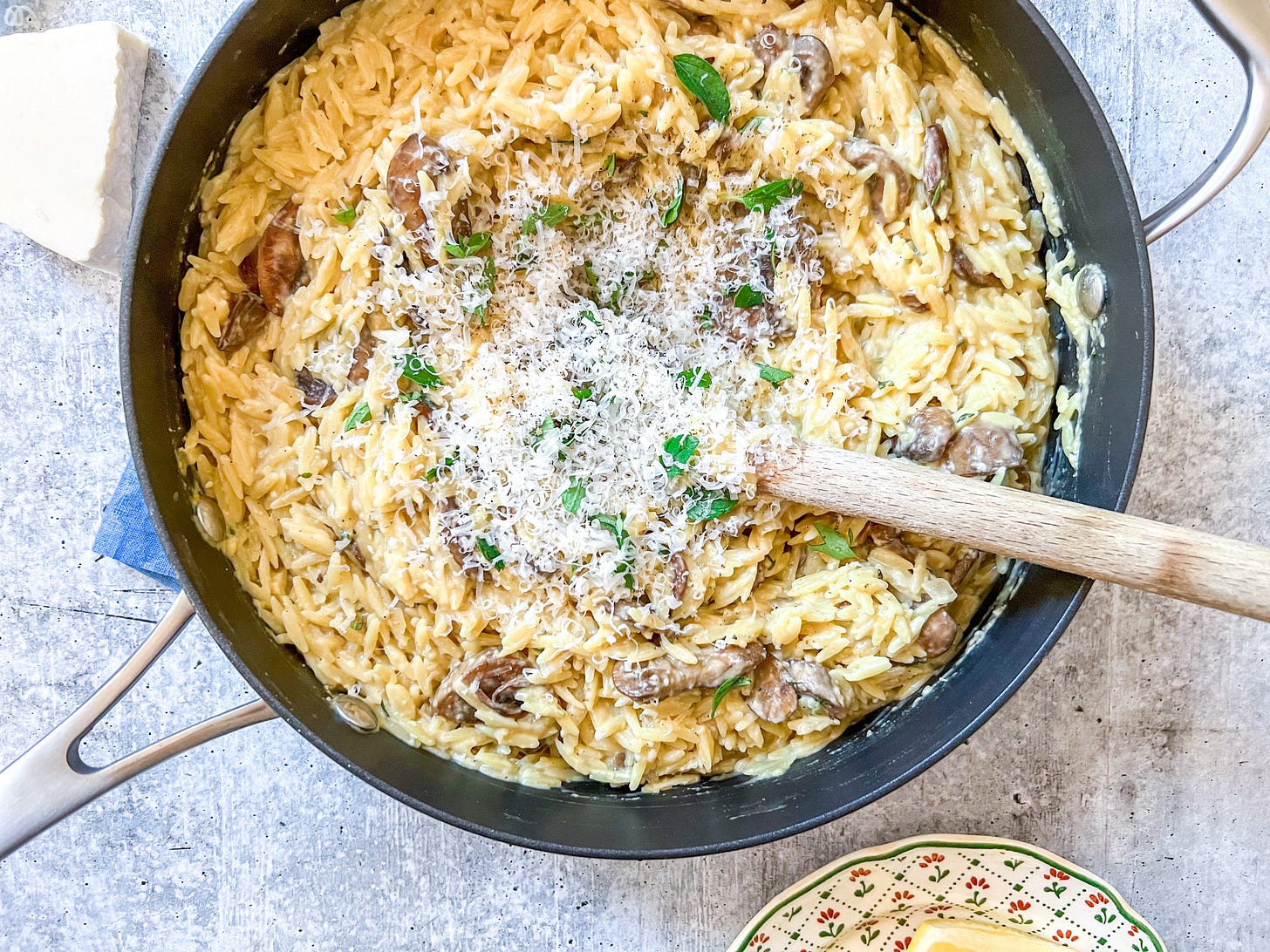 onepot mushroom orzo carbonara by Caroline Chambers