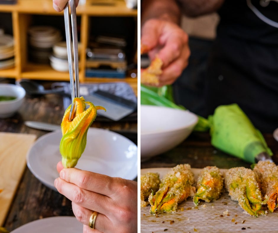 Baked stuffed squash blossoms by Giulia Scarpaleggia
