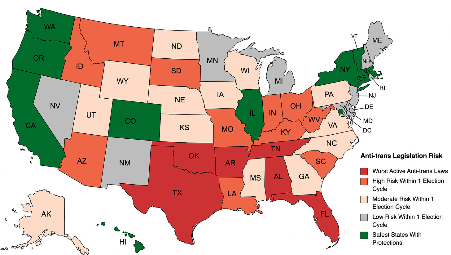 New Map! AntiTransgender Legislative Risk By State