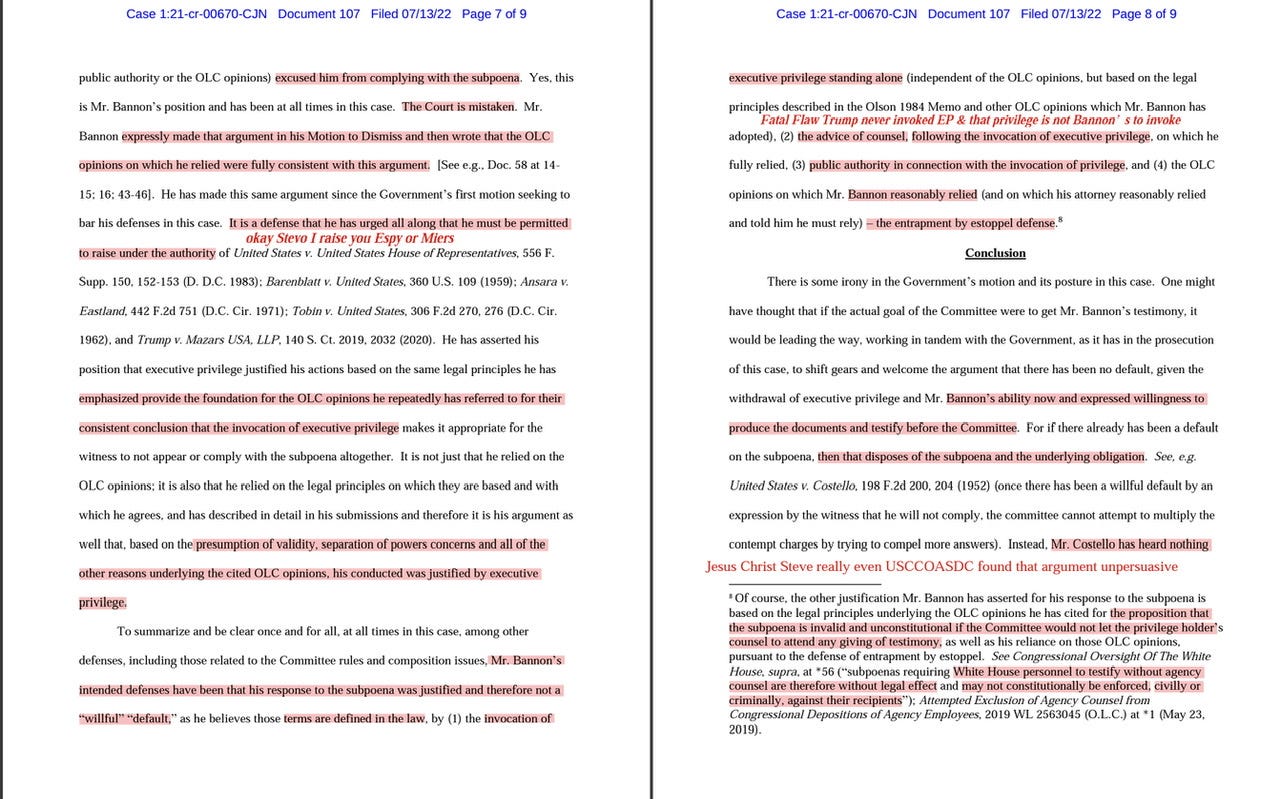 Bannon “the entrapment by estoppel defense” cites CNN’s doc & July 12th HSCJ6 hearing