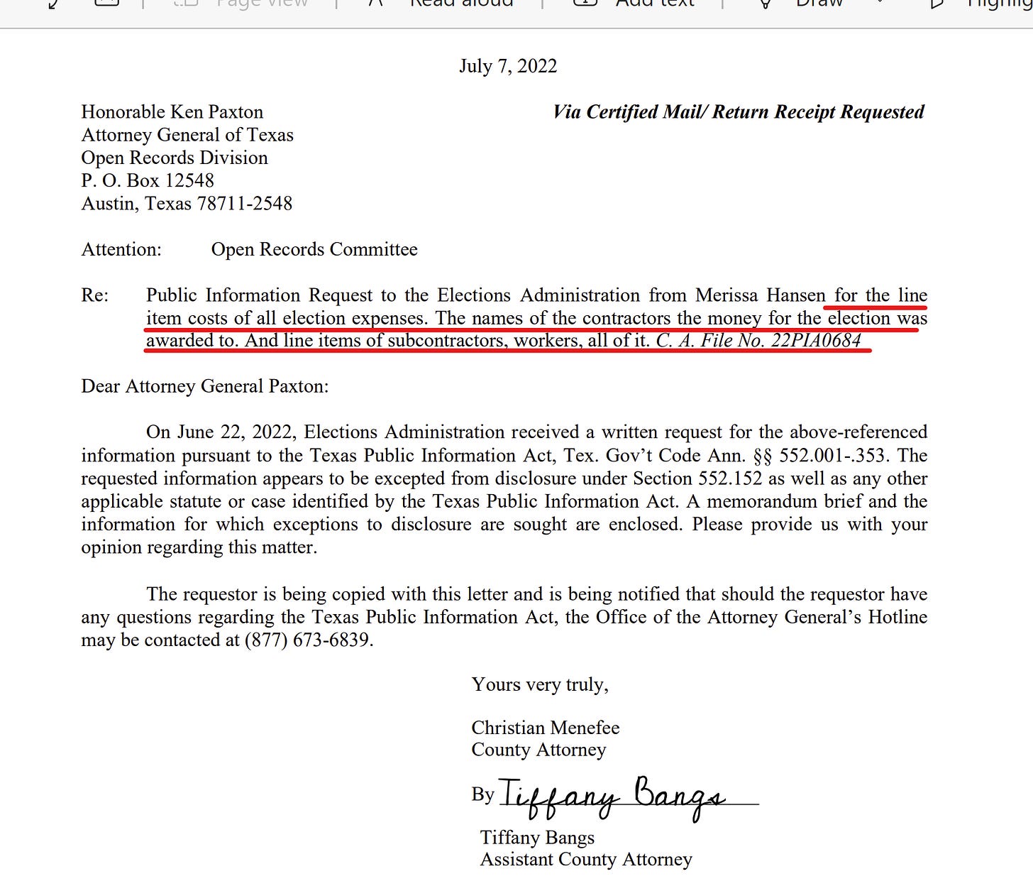 Harris County Attorney's Office Appeals Election FOIA to AG for 'Opinion'