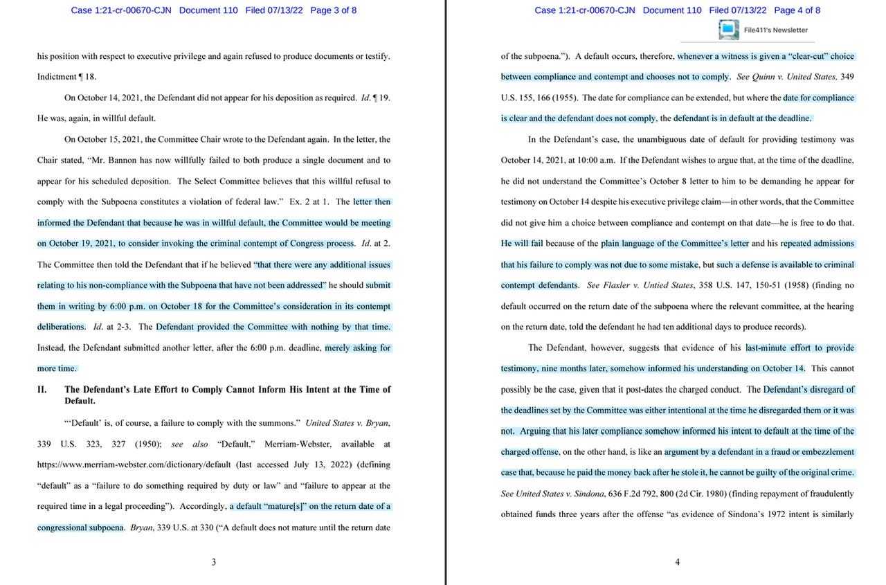 Bannon “the entrapment by estoppel defense” cites CNN’s doc & July 12th HSCJ6 hearing