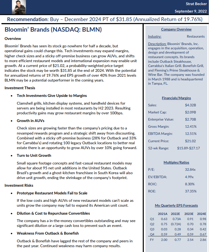 OnePage Stock Pitch Bloomin' Brands by Strat Becker
