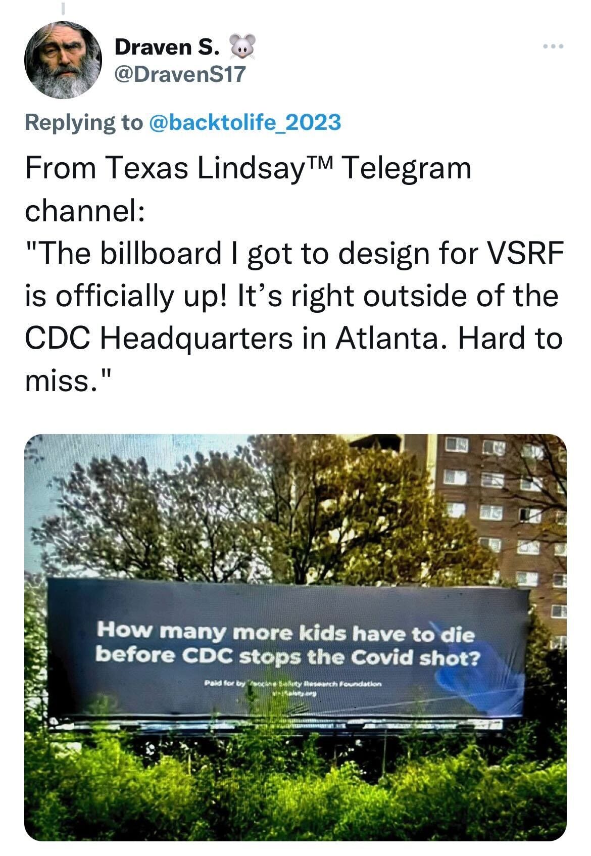 Billboards are up! [Covid 'shots' billboards outside CDC Headquarters]