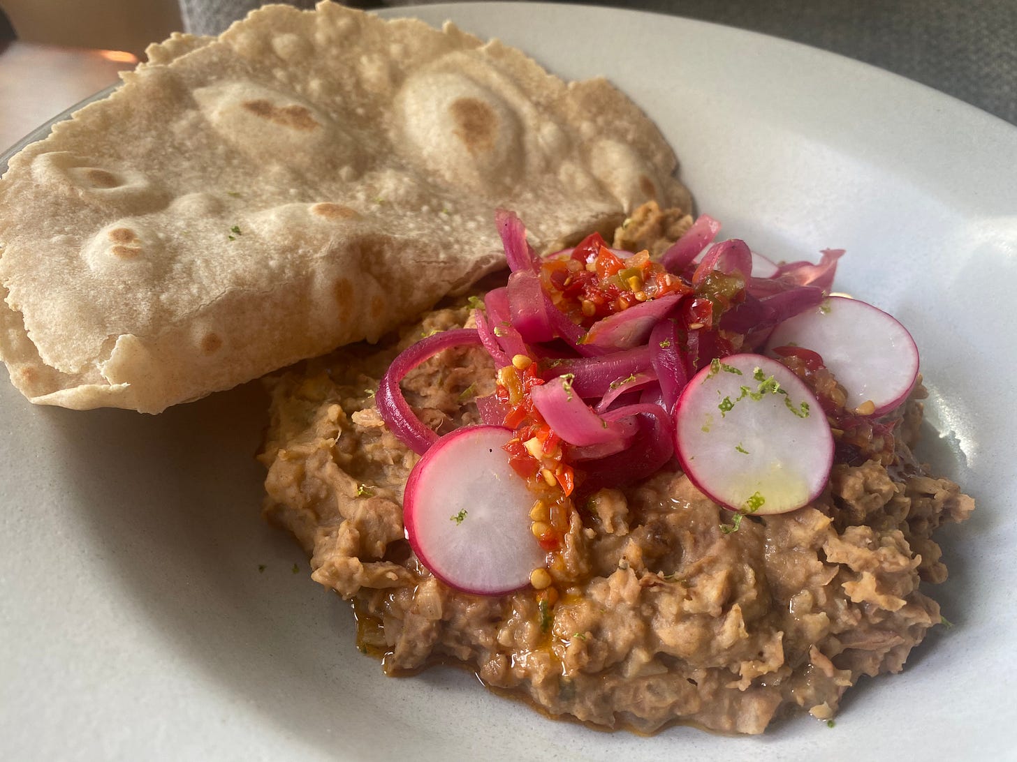 Refried Beans with Flour Tortillas and Pickled Red Onions