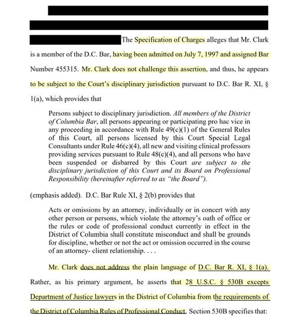 The very interesting DC Bar Ethics Report as to Jeffrey Clark