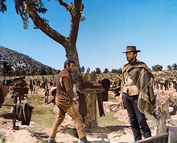 American actors Clint Eastwood and Eli Wallach on the set of The Good, The Bad and The Ugly (Il buono, il brutto, il cattivo), written and directed by Italian Sergio Leone. (Photo by United Artists/Sunset Boulevard/Corbis via Getty Images)