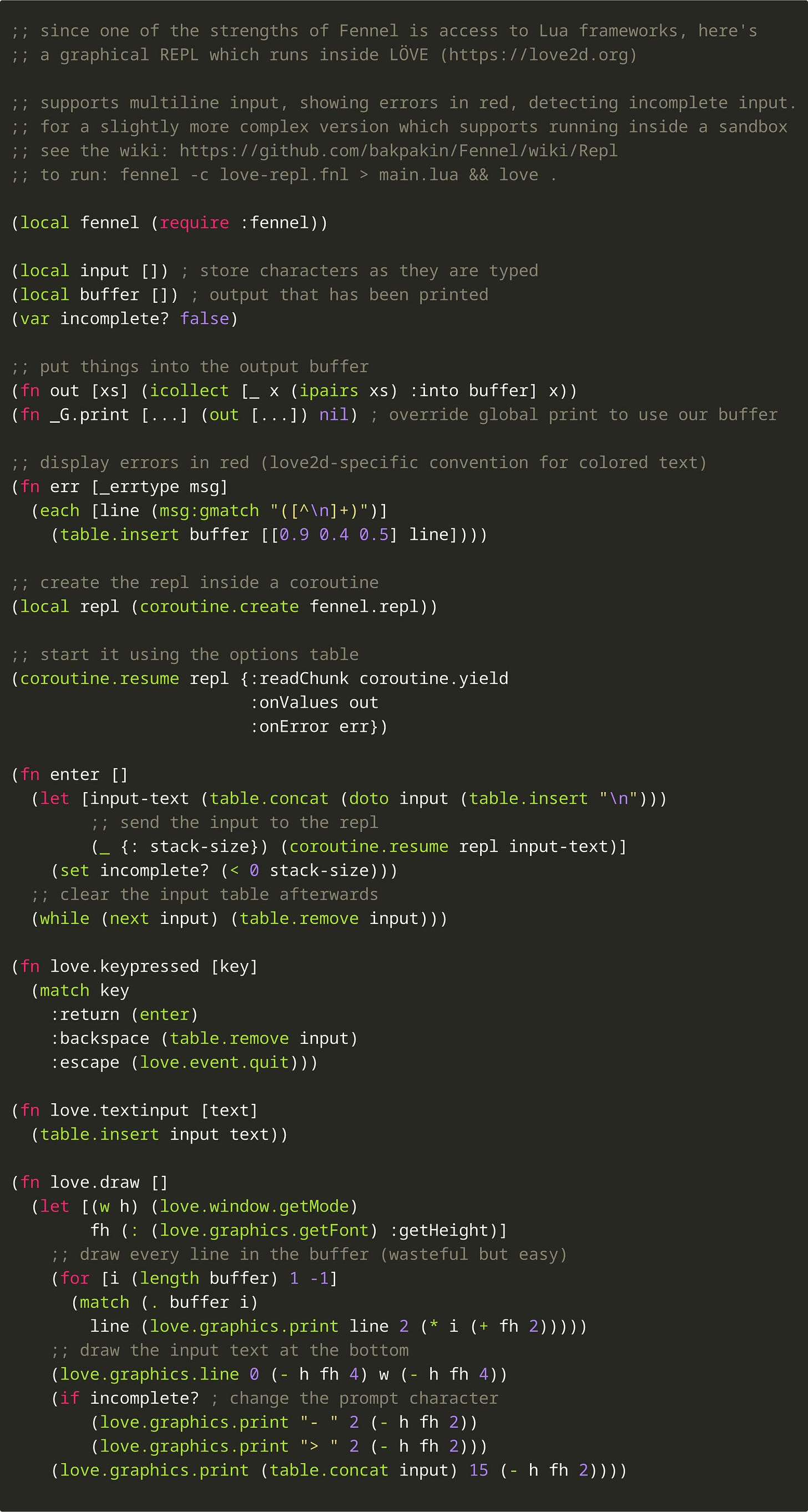Language Showcase Fennel by Jeaye Wilkerson