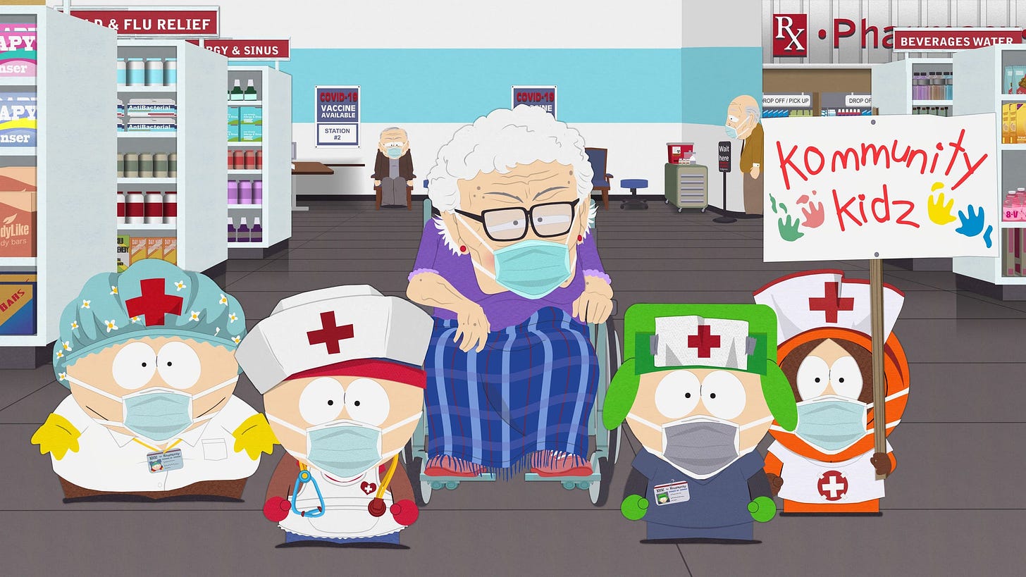 The South Park boys go undercover to secure vaccinations for their teachers.