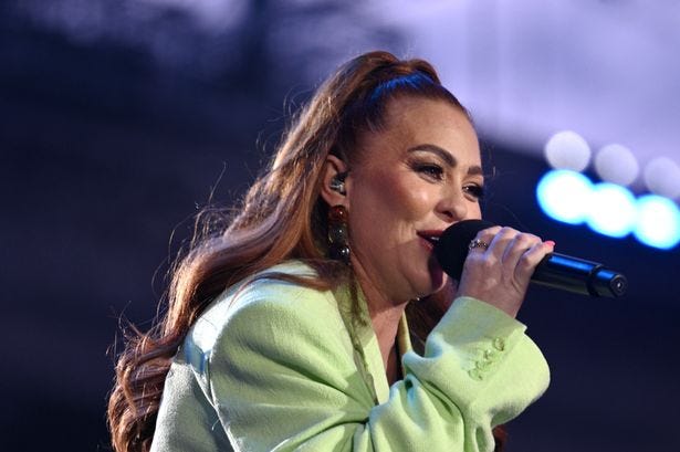 Natasha Hamilton from Atomic Kitten performs onstage during the National Lottery's Big Eurovision Welcome event outside St George's Hall on May 07, 2023 in Liverpool, England. (Photo by Shirlaine Forrest/Getty Images for The National Lottery)