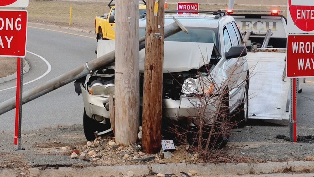 The Massachusetts State Police Department says a vehicle crashed into a utility pole after the driver had a medical emergency on March 10, 2024.{&nbsp;} (WJAR){&nbsp;}