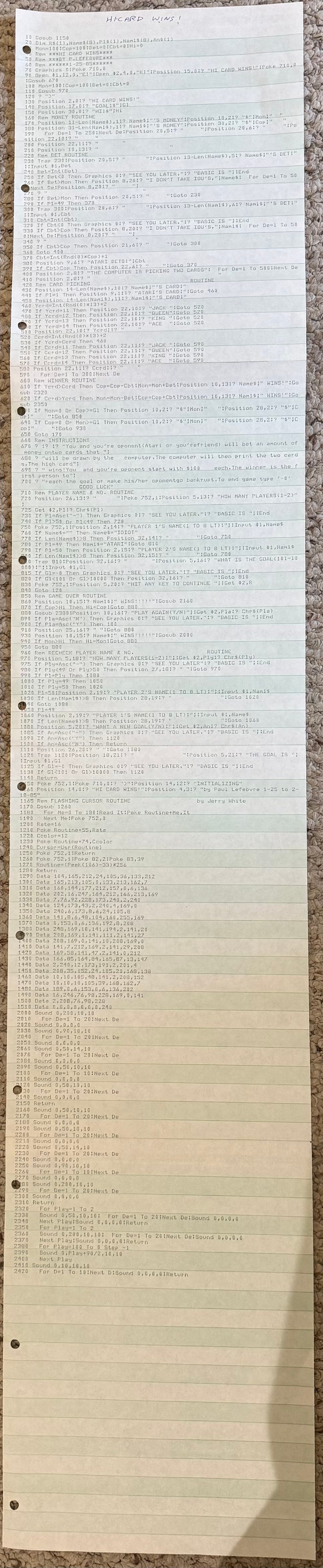 One of my early BASIC programs: Hi Card Wins!