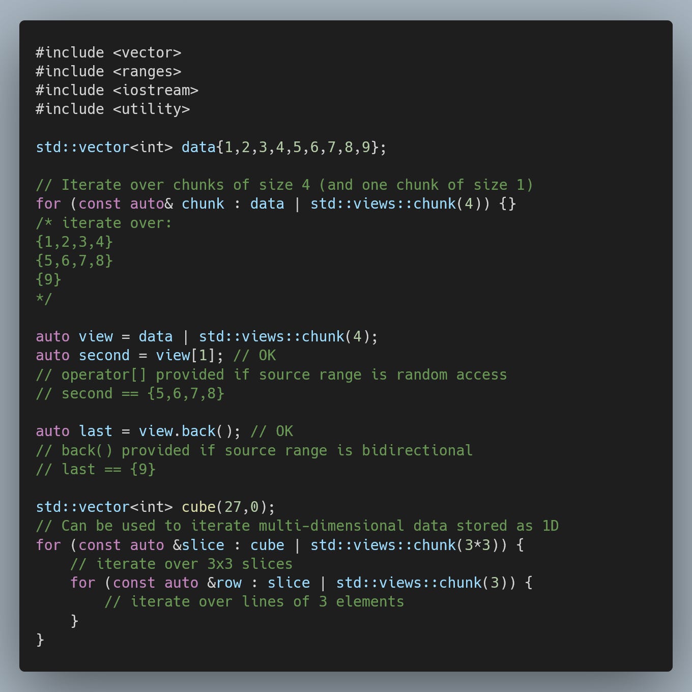 Daily bit(e) of C++ | std::view::chunk - by Šimon Tóth