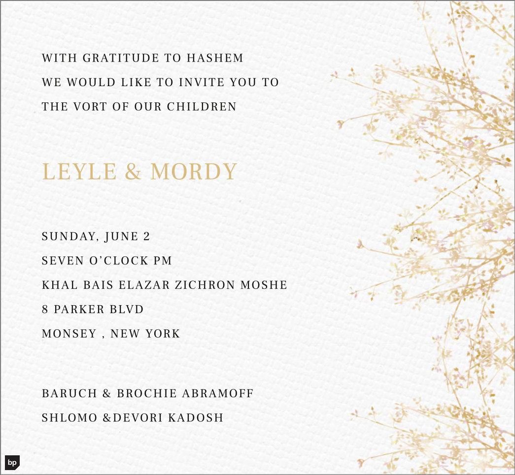 Abramoff Vort Invitation KZM Zmanim and Announcements