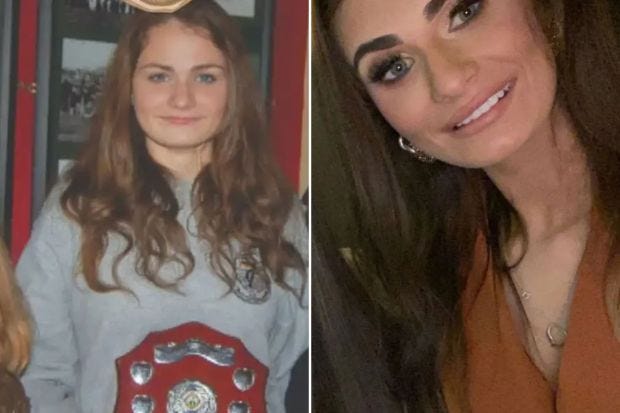An image collage containing 2 images, Image 1 shows Collage of photos commemorating Diane Moloney, Image 2 shows Woman with long brown hair wearing a rust-colored top