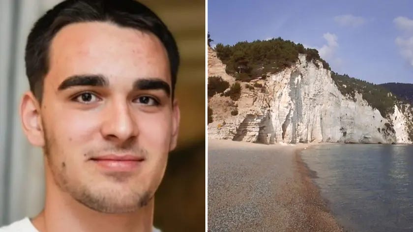 A sinistra Luca Petracco, a destra una foto della baia di Vignanotica