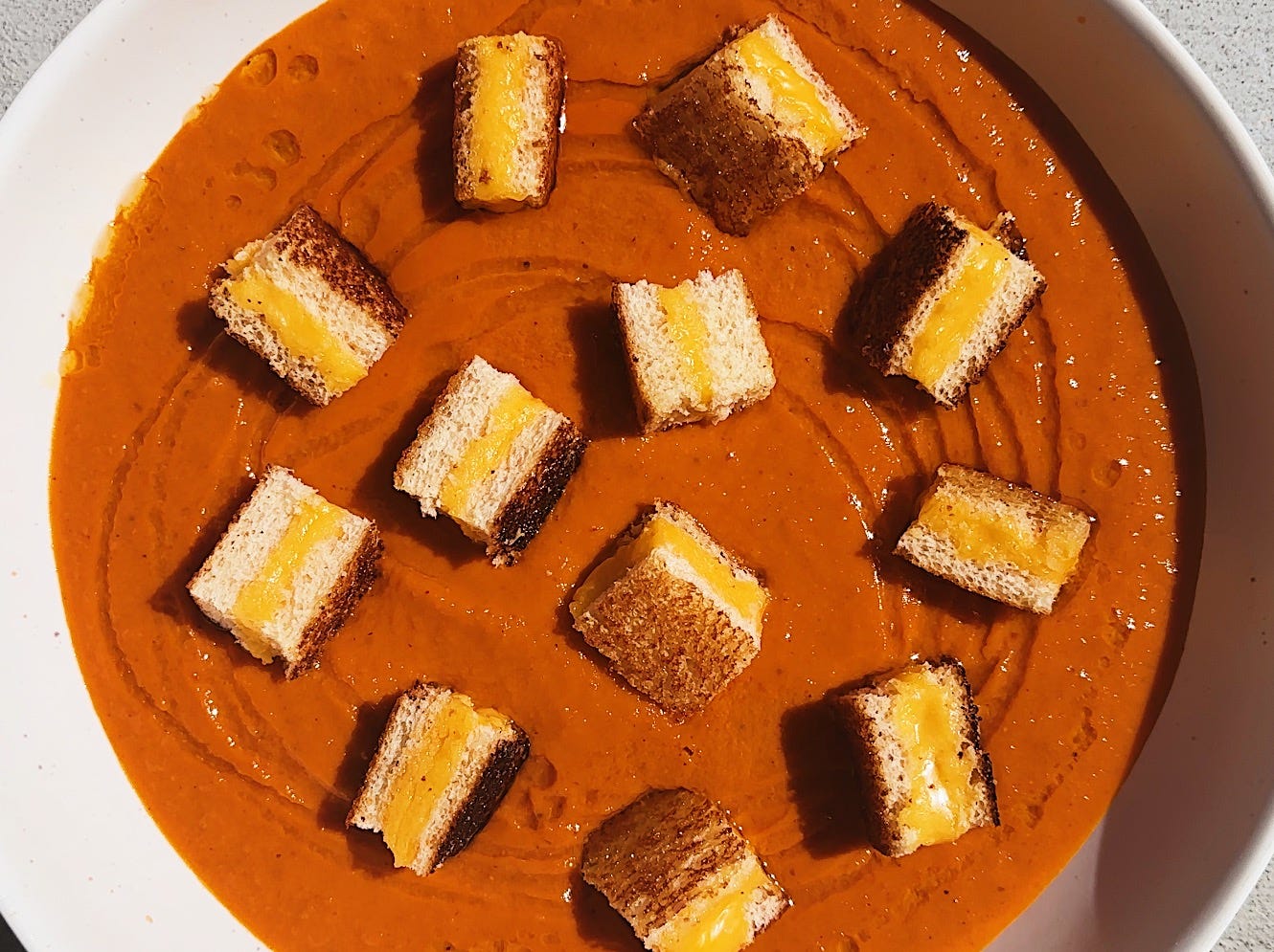 Sun-Dried Tomato Soup with Grilled Cheese Croutons