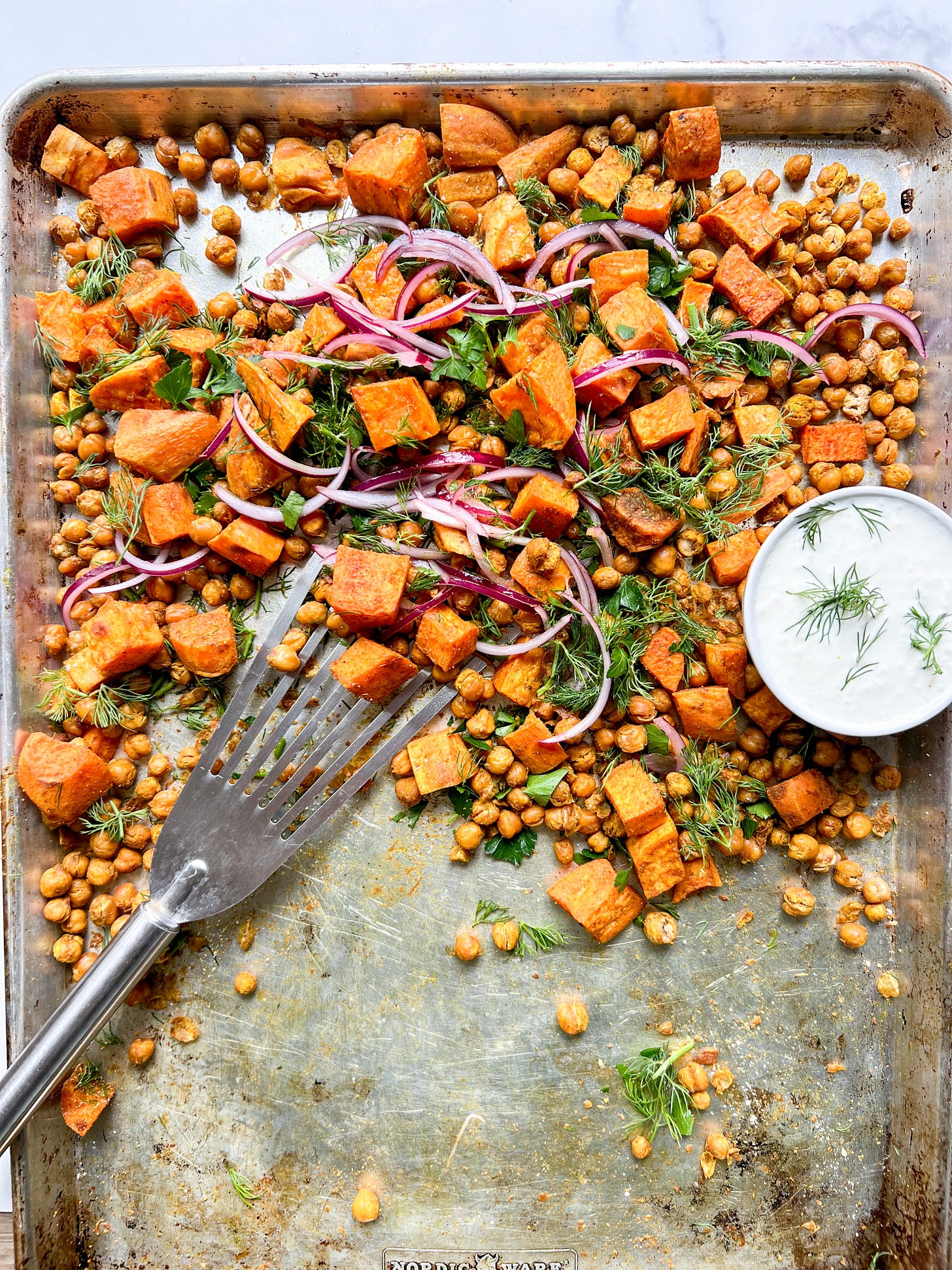 sheet-pan roasted sweet potatoes and chickpeas