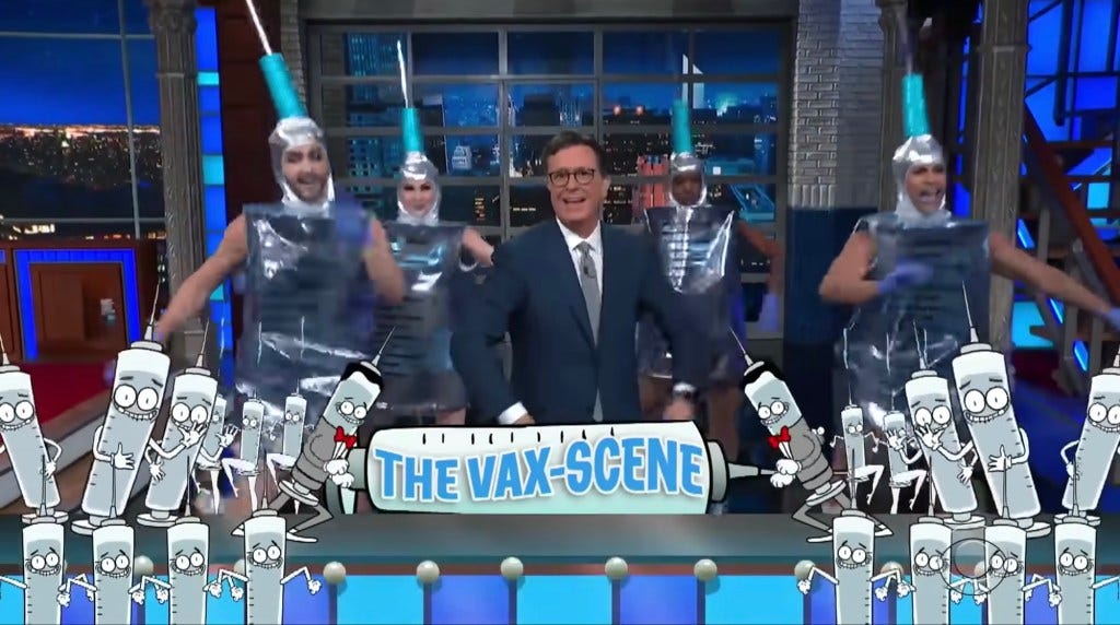 Colbert featured a skit on his show called "The Vaccine-Scene," a dance troupe featuring performers dressed as syringes.