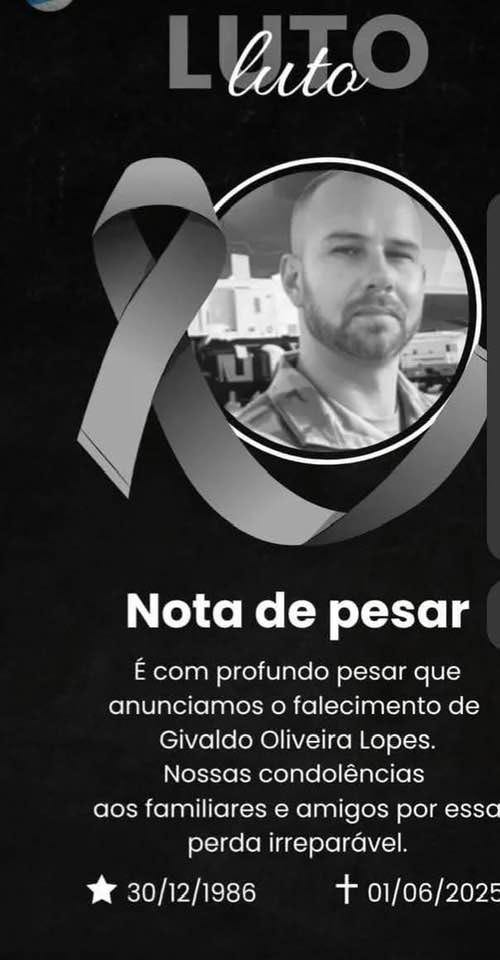 May be an image of 2 people, beard and text that says 'L luta Nota de pesar É com profundo pesar que anunciamos O falecimento de Givaldo Oliveira Lopes. Nossas condolências aos familiares e amigos por essa perda irreparável. 30/12/1986 t 01/06/2025'