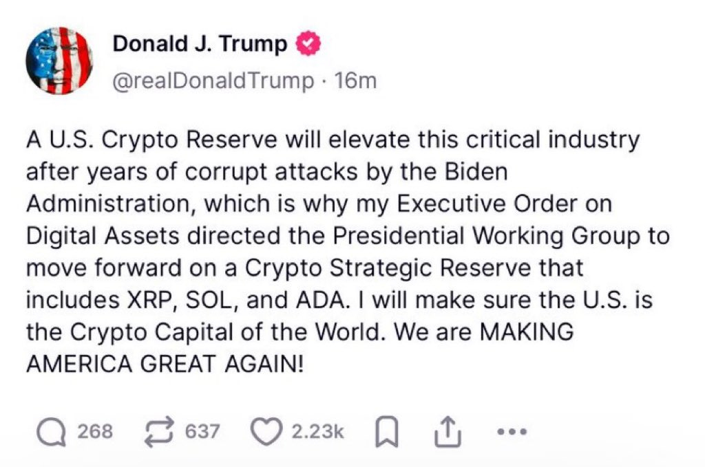 Screenshot of President Donald Trump's crypto reserve announcement