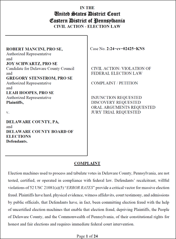 Mancini et al v Delaware County et al - Violation of Federal Election Law - Error Rates