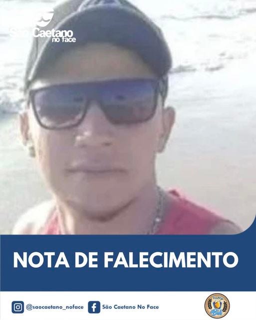 May be an image of 1 person and text that says 'Caetano no face NOTA DE FALECIMENTO @saocaetano_noface São Caetano No Face Vinhaje'