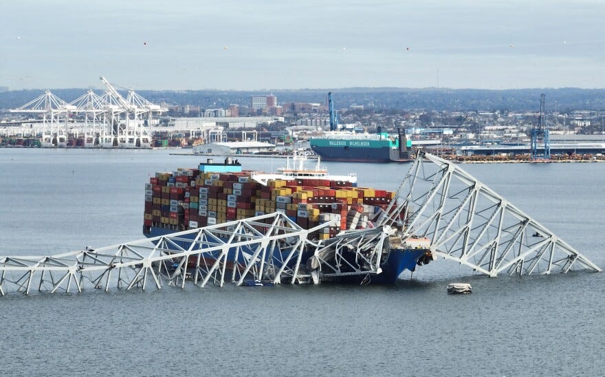 The container ship Dali is seen after striking the Francis Scott Key Bridge, which collapsed into the Patapsco River in Baltimore early Tuesday.