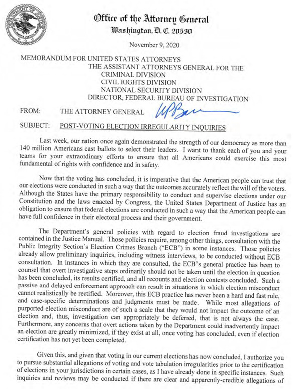 November 9th, 2020, Response from US Attorney General Barr to US Attorney McSwain and other reports from within the chain of command of the US Department of Justice - Part 1