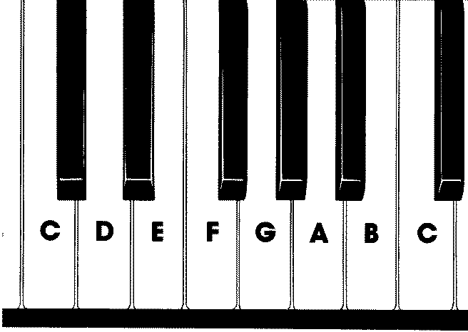Piano keyboard showing white keys and black-key sharps and flats