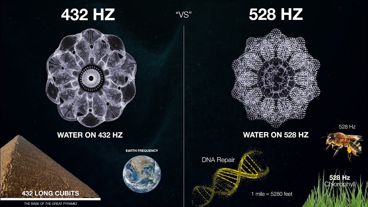 A mystical graphic overlaying 432 Hz and 528 Hz on pyramids and geometry