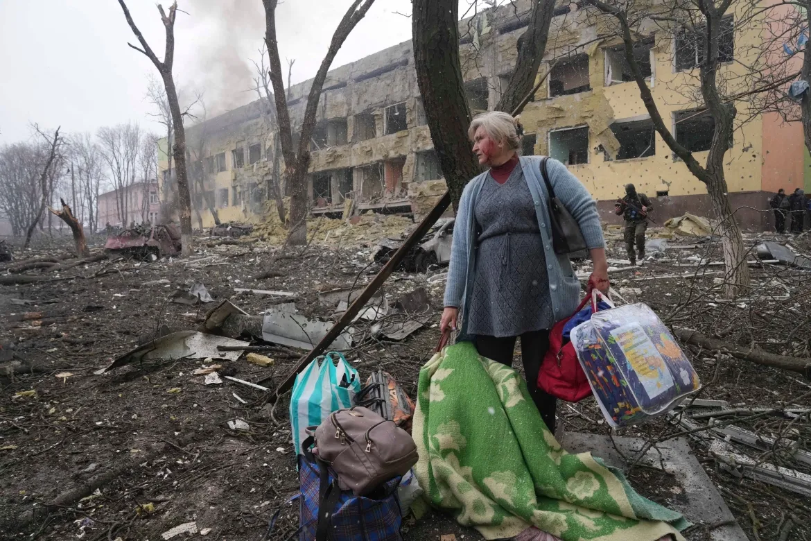 Ukrainian woman amidst the rubble