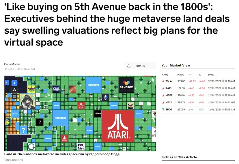 A screenshot of an article discussing executive discussion of metaverse land deal valuation. A screenshot of an article discussing executive discussion of metaverse land deal valuation.