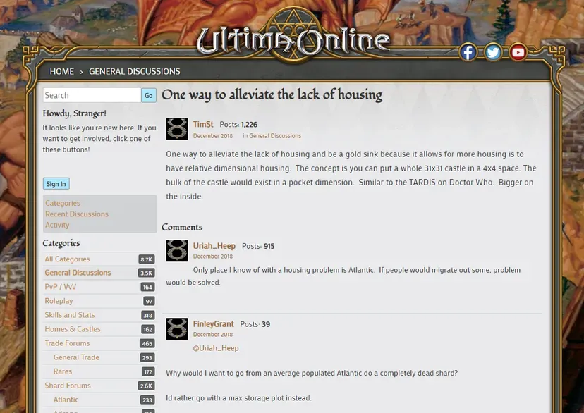An Ultima Online forum post discussing in-game property. An Ultima Online forum post discussing in-game property.